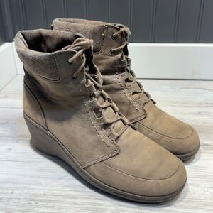 KEEN Akita Wedge Ankle Boots Women's Sz 8.5 Suede Brown Leather Lace Up 1007691